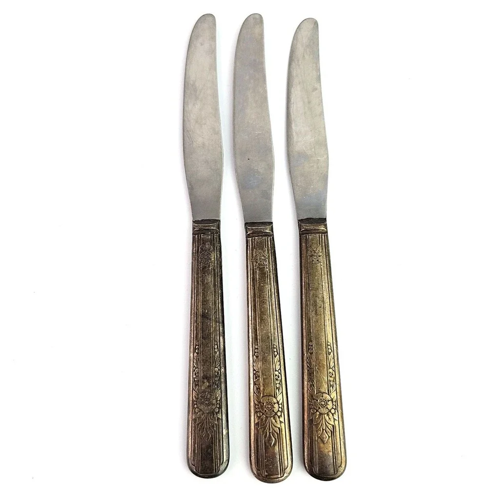 Vintage Silverplate Knife Set of 3 Elegant Floral Leaf Vertical Lines